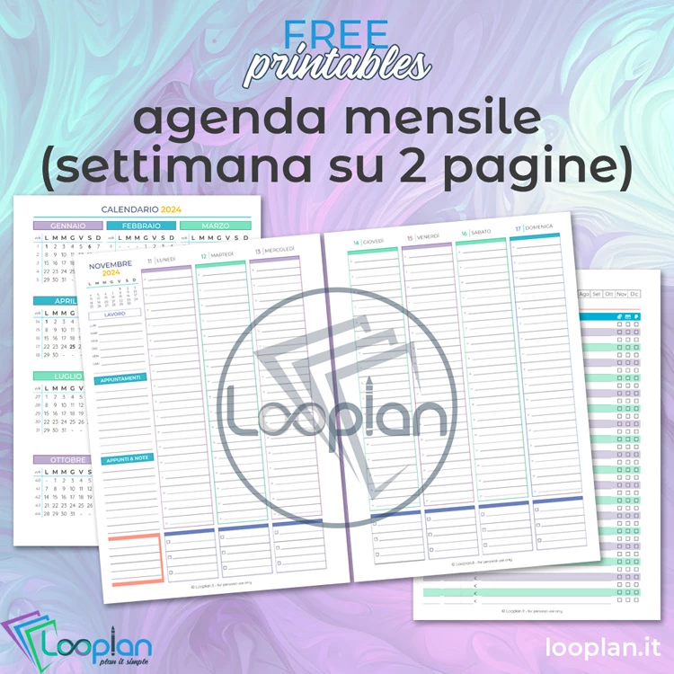 weekly planner verticale con la settimana su due pagine affiancate da scaricare gratis