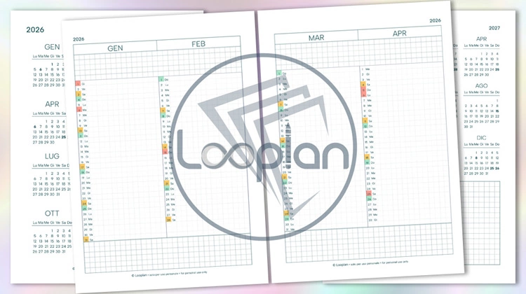 Anteprima pagine interne Stilus Dot 2026: planner bimestrale puntinato A5 e panoramica calendario